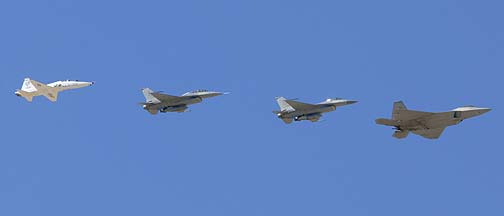 Lockheed-Martin F-22A Block 30 Raptor 06-4111, General Dynamics F-16C Block 30B 85-1547, F-16D Block 40K 90-0797, Northrop T-38A-85 Talon 70-1559